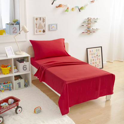 Picture of Amazon Basics Kid's Soft Easy-Wash Lightweight Microfiber 3-Piece Sheet Set, Toddler, Red, Solid
