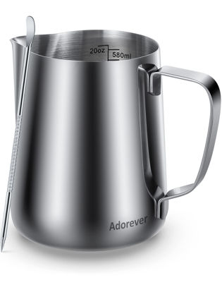 Picture of Milk Frothing Pitcher, 20oz Steaming Pitcher Stainless Steel Espresso Machine Accessories for Coffee Bar, Cappuccino Barista Tools Milk Jug Steamer Frother Cup with Decorating Latte Art Pen