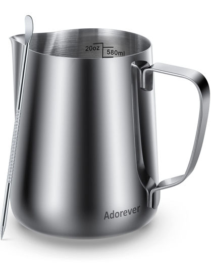 Picture of Milk Frothing Pitcher, 20oz Steaming Pitcher Stainless Steel Espresso Machine Accessories for Coffee Bar, Cappuccino Barista Tools Milk Jug Steamer Frother Cup with Decorating Latte Art Pen
