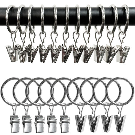 Picture of AMZSEVEN 100 Pack Curtain Rings with Clips, Drapery Clips with Rings, Hangers Drapes Rings 1.26 Inch Interior Diameter, Fits up to 1 Inch Curtain Rod, Silver