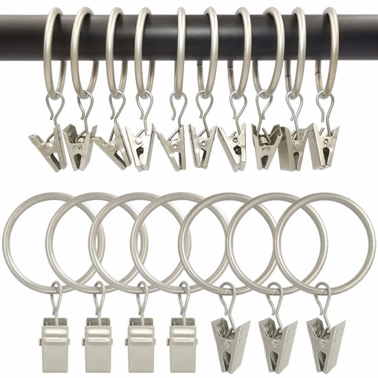 Picture of AMZSEVEN 100 Pack Curtain Rings with Clips, Drapery Clips with Rings, Hangers Drapes Rings 1.26 Inch Interior Diameter, Fits up to 1 Inch Curtain Rod, Matte Silver