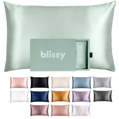 Picture of Blissy Silk Pillowcase - 100% Pure Mulberry Silk - 22 Momme 6A High-Grade Fibers - Silk Pillow Cover for Hair & Skin - Regular, Queen & King with Hidden Zipper (Queen, Matcha)