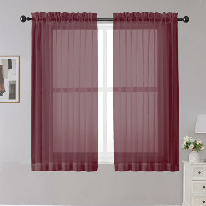 Picture of OWENIE Sheer Curtains 45 inches Long, Light Filtering Tiers Curtains Sheers for Kitchen, Bedroom, Short Curtains Panels Rod Pocket 2 Panels, Cafe Curtains Small Window, 42" W x 45" L, Burgandy