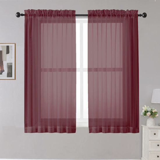 Picture of OWENIE Sheer Curtains 45 inches Long, Light Filtering Tiers Curtains Sheers for Kitchen, Bedroom, Short Curtains Panels Rod Pocket 2 Panels, Cafe Curtains Small Window, 42" W x 45" L, Burgandy