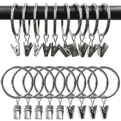 Picture of AMZSEVEN 100 Pack Metal Curtain Rings with Clips, Drapery Clips Hooks, Decorative Curtain Rod Clips Hangers 1.5 Inch Interior Diameter Eyelets, Silver