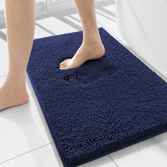 Picture of Smiry Luxury Chenille Bathroom Rugs 34x21, Extra Soft and Absorbent Shaggy Bath Mat, Machine Washable, Non-Slip Plush Carpet Runner for Tub, Shower, and Floor, Home Decor Accessories, Navy Blue