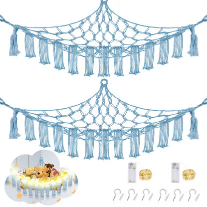 Picture of CERETIA Stuffed Animal Hammock with LED Light, 2 Pack Toy Hammock for Stuffed Animals Storage for Kids, Stuffed Animal Hammock Corner, Baby Blue