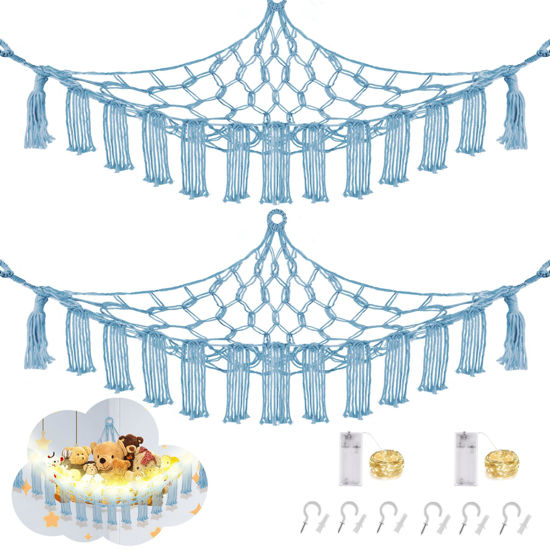 Picture of CERETIA Stuffed Animal Hammock with LED Light, 2 Pack Toy Hammock for Stuffed Animals Storage for Kids, Stuffed Animal Hammock Corner, Baby Blue