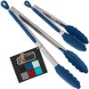 Picture of Gorilla Grip Stainless Steel Heat Resistant Kitchen Tongs for Cooking, 9 + 12 Inch, Set of 2 BBQ Tong, Non Scratch Silicone Tip for Pan, Strong Grip, Grab Food, Toss Salad, Air Fryer, Pull Lock, Blue