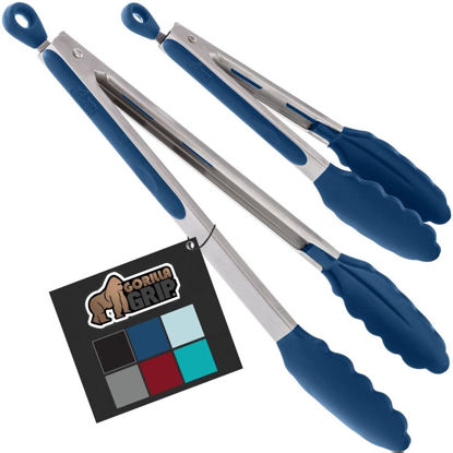 Picture of Gorilla Grip Stainless Steel Heat Resistant Kitchen Tongs for Cooking, 9 + 12 Inch, Set of 2 BBQ Tong, Non Scratch Silicone Tip for Pan, Strong Grip, Grab Food, Toss Salad, Air Fryer, Pull Lock, Blue