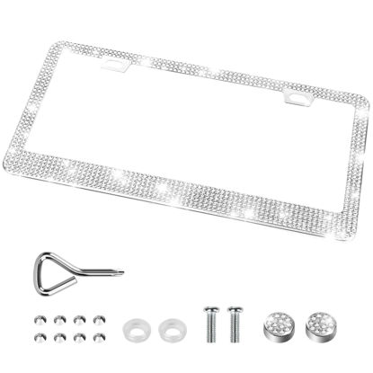 Picture of QUANQIUFEI Bling License Plate Frames for Women, Sparkly Rhinestone Diamond Car Accessories with Glitter Crystal Caps (1 Pack White)