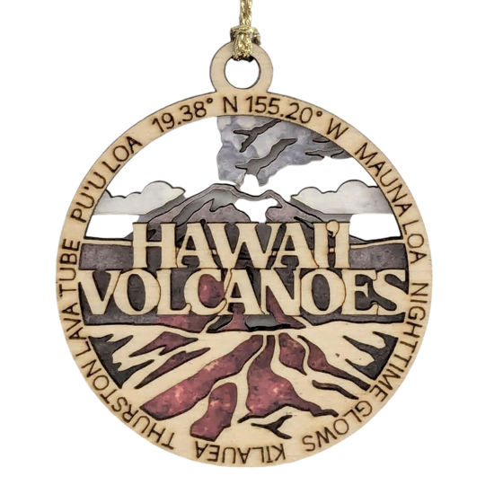 Picture of Hawaii Volcanoes National Park Ornament - Handmade Wood Laser Cut Christmas Decoration, Erupting Volcano Scene