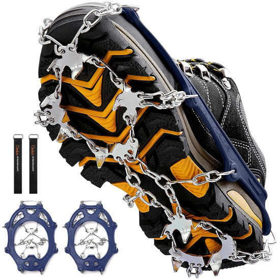 Picture of Crampons Ice Cleats Traction Snow Grips for Boots Shoes Women Men Anti Slip 19 Stainless Steel Spikes Safe Protect for Hiking Fishing Walking Climbing Mountaineering (Navy Blue,L)