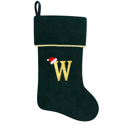Picture of Subyan 20 Inches Initial Monogram Green Christmas Stocking, Personalized Large Embroidered Letter Velvet Christmas Stocking with Gold Trim Decoration for Family Christmas Holiday Party Decor(Letter W)