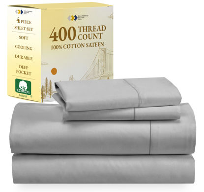 Picture of California Design Den 400 Thread Count 100% Cotton Sheets, King Size Sheet Set, Luxury Sheets & Pillowcases, Breathable Bedding for King Bed, Sateen King Bed Sheets, Deep Pockets (Light Grey)