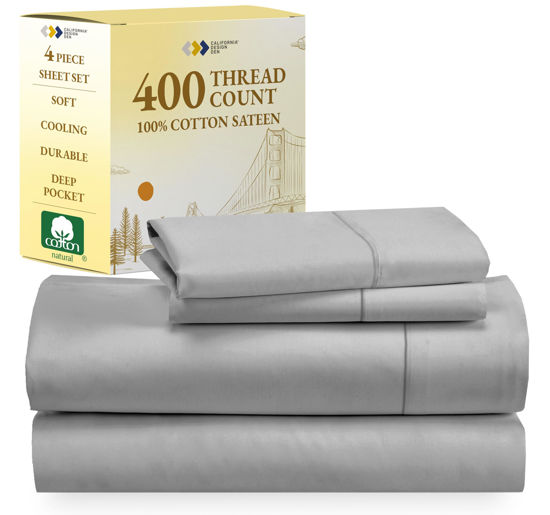 Picture of California Design Den 400 Thread Count 100% Cotton Sheets, King Size Sheet Set, Luxury Sheets & Pillowcases, Breathable Bedding for King Bed, Sateen King Bed Sheets, Deep Pockets (Light Grey)