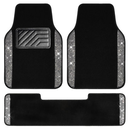 Picture of CAR PASS® Bling Car Mats Shining Diamond Carpet Crystal Rhinestones Sparkly Glitter Floor Mats with Anti-Slip PVC Heel Pad Universal for Automotive SUV, Sedan, Van, 3pcs for Girl Women, Black Silver