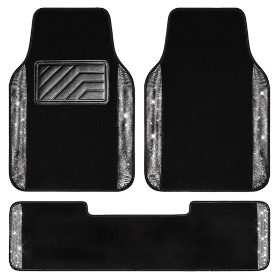 Picture of CAR PASS® Bling Car Mats Shining Diamond Carpet Crystal Rhinestones Sparkly Glitter Floor Mats with Anti-Slip PVC Heel Pad Universal for Automotive SUV, Sedan, Van, 3pcs for Girl Women, Black Silver