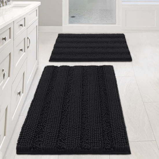 Picture of H.VERSAILTEX Black Bathroom Rug Set Extra Thick Striped Bath Mats for Bathroom Floor 2 Piece, Anti-Slip Bath Mat Set Soft Plush Chenille Shower Rugs for Bathroom Waterproof (20" x 32"/17" x 24")