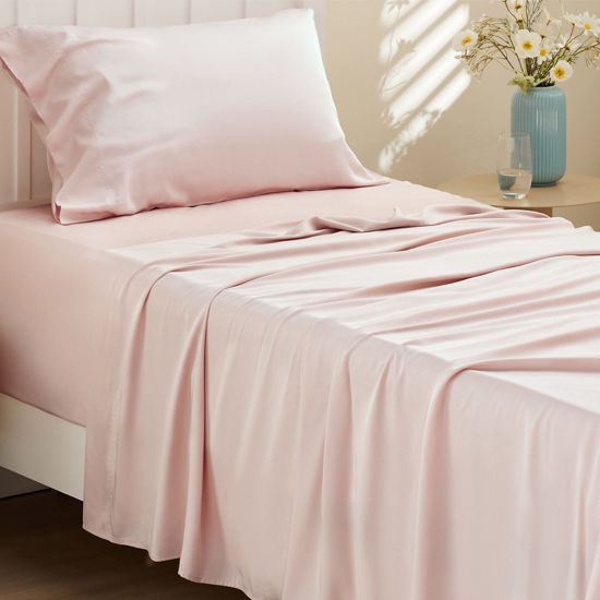 Picture of Bedsure Twin Sheets Set, Cooling Sheets Twin Size Bed Set, Rayon Derived from Bamboo, Twin Size Sheets, Breathable & Soft Bed Sheets, Hotel Luxury Silky Bedding Sheets & Pillowcases, Pink