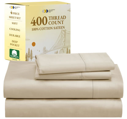 Picture of California Design Den King Size Sheets Set 400 Thread Count, 100% Cotton Sateen Sheet Set Beige, Soft & Breathable, Cooling Deep Pocket Bed Sheets (Beige)