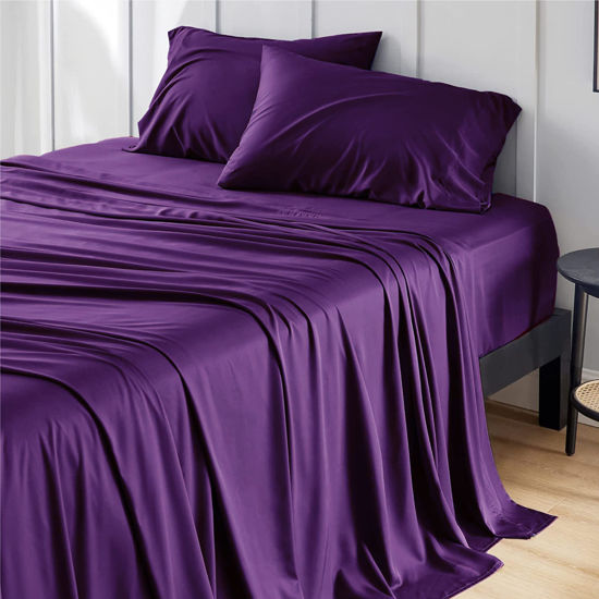 Picture of Bedsure Queen Sheet Set, Cooling Sheets for Queen Size Bed Set, Rayon Derived from Bamboo, Breathable & Soft Deep Pocket Up to 16 Inches, Hotel Luxury Silky Bedding, Bedsheet & Pillowcases, Plum