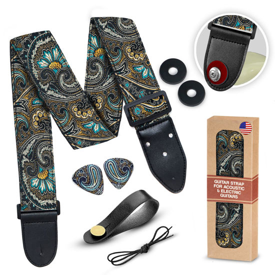 Picture of Guitar Strap For Acoustic Guitar , Electric Guitar and Bass Guitar, Adjustable Gold Brown Guitar Strap W/ FREE BONUS 2 Picks + Strap Locks + Strap Button. Best Gift For Men & Women Guitar Players
