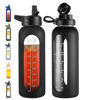 Picture of CIVAGO 40 oz Glass Water Bottle with Straw and Handle, Large Sports Motivational Water Bottle Flask with Time Marker and 2 Lids, Leakproof Water Jug Canteen with Silicone Sleeve for Gym,Black