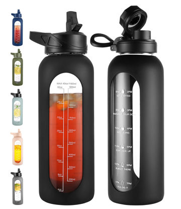 Picture of CIVAGO 40 oz Glass Water Bottle with Straw and Handle, Large Sports Motivational Water Bottle Flask with Time Marker and 2 Lids, Leakproof Water Jug Canteen with Silicone Sleeve for Gym,Black