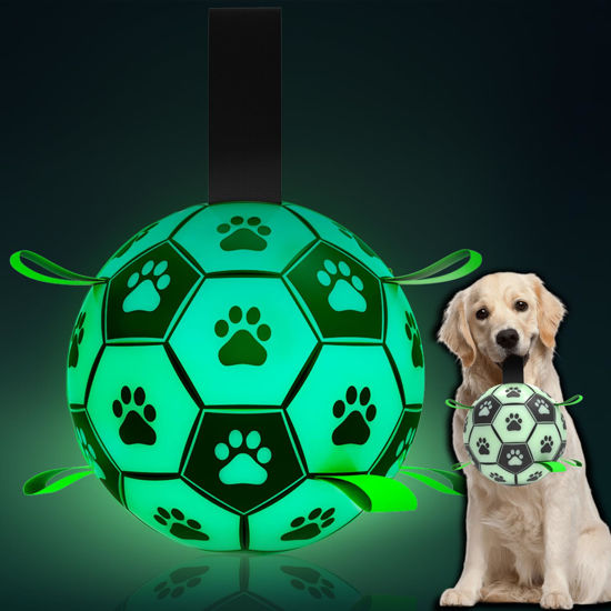 Picture of QDAN Glow in The Dark Dog Toys Soccer Ball with Straps - Light Up Dog Balls for Large Dogs, Interactive Dog Toys with Strap for Tug of War,Puppy Birthday Gifts (8 Inch)