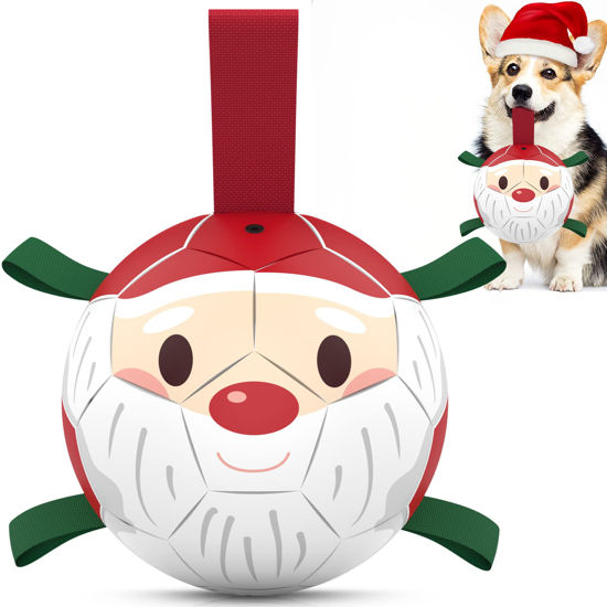 Picture of QDAN Christmas Dog Soccer Balls with Straps, Interactive Dog Toys for Tug of War, Puppy Birthday Gifts, Dog Tug Toy, Dog Water Toy, Durable Dog Balls for Small & Medium Dogs（6 Inch）