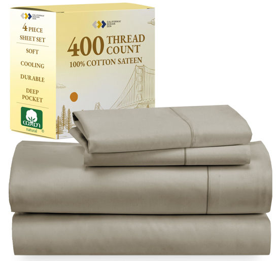Picture of California Design Den 100% Cotton Sheets, Softest Queen Sheet Set, Cooling Sheets for Queen Size Bed with Deep Pockets, 400 Thread Count Sateen, Bedding Sheets & Pillowcases, Queen Sheets (Taupe)