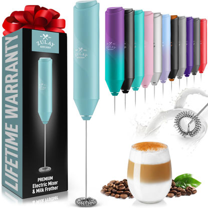 Picture of Zulay Kitchen Powerful Milk Frother Wand - Mini Milk Frother Handheld Stainless Steel - Battery Operated Drink Mixer for Coffee, Lattes, Cappuccino, Matcha - Froth Mate Milk Frother Gift - Fresh Mint