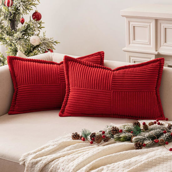 Picture of MIULEE Red Corduroy Pillow Covers with Splicing Set of 2 Super Soft Boho Striped Christmas Pillow Covers Broadside Decorative Textured Throw Pillows for Couch Cushion Livingroom 12x20 inch