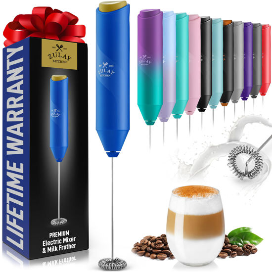 Picture of Zulay Kitchen Powerful Milk Frother Wand - Mini Milk Frother Handheld Stainless Steel - Battery Operated Drink Mixer for Coffee, Lattes, Cappuccino, Matcha - FrothMate Milk Frother Gift - Blue/Gold