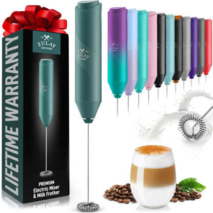 Picture of Zulay Kitchen Powerful Milk Frother Wand - Mini Milk Frother Handheld Stainless Steel - Battery Operated Drink Mixer for Coffee, Lattes, Cappuccino, Matcha - Froth Mate Milk Frother Gift - Dark Green