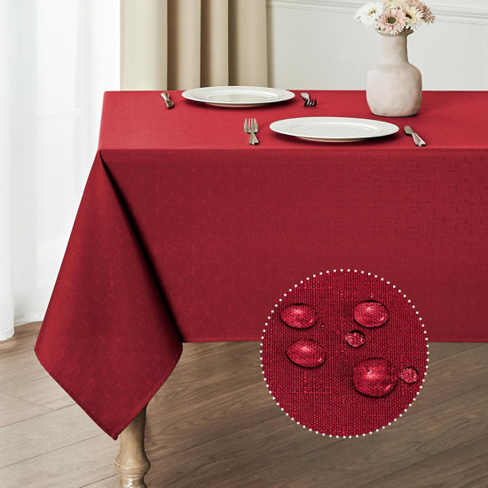 Picture of Veblandy Rectangle Tablecloth Waterproof 52x70 inch Linen Textured Table Cloth Stain and Wrinkle Resistant Washable, Decorative Fabric Table Cover for Dining, Party and Camping, Red