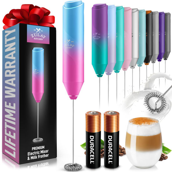 Picture of Zulay Kitchen Duracell Powered Milk Frother Handheld Foam Maker - Whisk Drink Mixer for Coffee, Latte, Matcha, Cappuccino - Mini Foamer by Milk Boss - Batteries Included - (Teal/Pink)