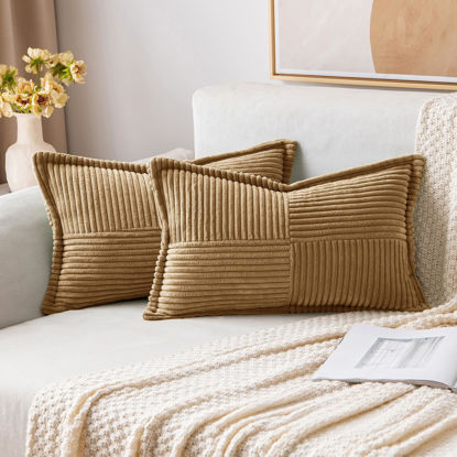 Picture of MIULEE Brown Corduroy Pillow Covers with Splicing Set of 2 Super Soft Boho Striped Pillow Covers Broadside Decorative Textured Throw Pillows for Couch Cushion Livingroom 12x20 Inch