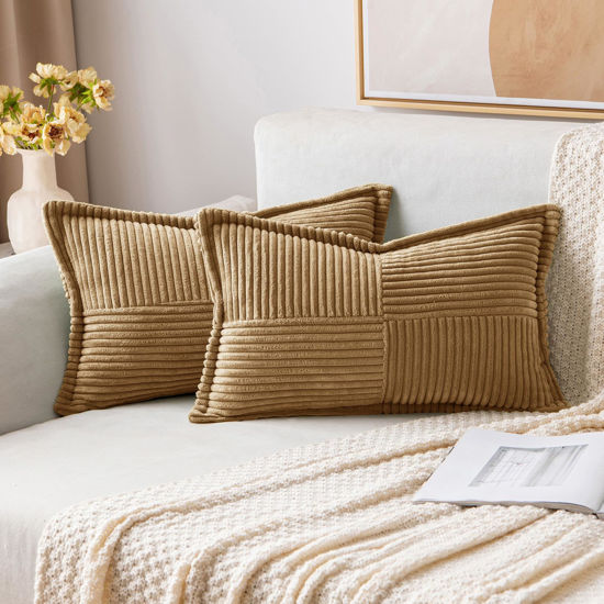 Picture of MIULEE Brown Corduroy Pillow Covers with Splicing Set of 2 Super Soft Boho Striped Pillow Covers Broadside Decorative Textured Throw Pillows for Couch Cushion Livingroom 12x20 Inch