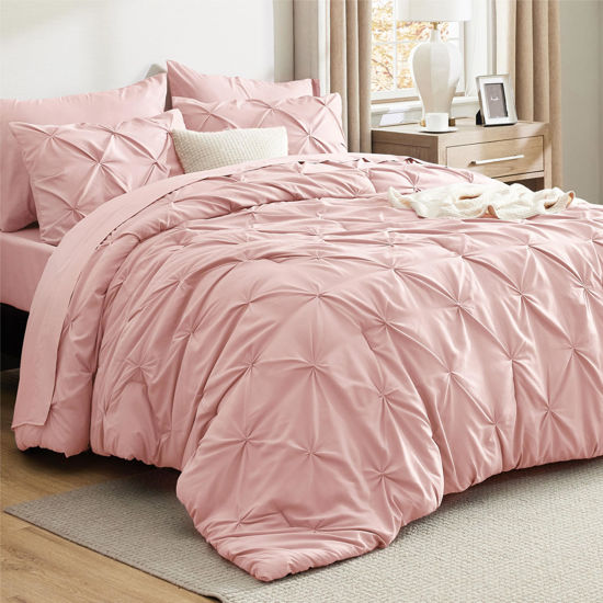 Picture of Bedsure King Size Comforter Set - Bedding Sets King 7 Pieces, Pintuck Bed in a Bag Pink Bed Set with Comforter, Sheets, Pillowcases & Shams