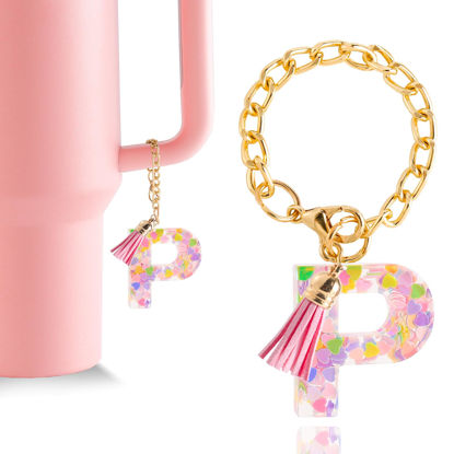 Picture of Letter Charm Accessories for Stanley Cup 1 PCS Cute Initial Keychain Handle Charm for Stanley Tumbler for Women Pink Letter P
