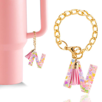 Picture of Letter Charm Accessories for Stanley Cup 1 PCS Cute Initial Keychain Handle Charm for Stanley Tumbler for Women Pink Letter N