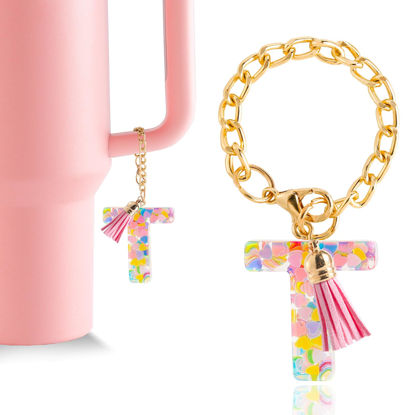 Picture of Letter Charm Accessories for Stanley Cup 1 PCS Cute Initial Keychain Handle Charm for Stanley Tumbler for Women Pink Letter T