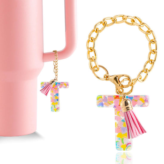 Picture of Letter Charm Accessories for Stanley Cup 1 PCS Cute Initial Keychain Handle Charm for Stanley Tumbler for Women Pink Letter T