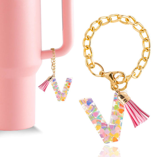 Picture of Letter Charm Accessories for Stanley Cup 1 PCS Cute Initial Keychain Handle Charm for Stanley Tumbler for Women Pink Letter V