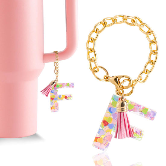 Picture of Letter Charm Accessories for Stanley Cup 1 PCS Cute Initial Keychain Handle Charm for Stanley Tumbler for Women Pink Letter F