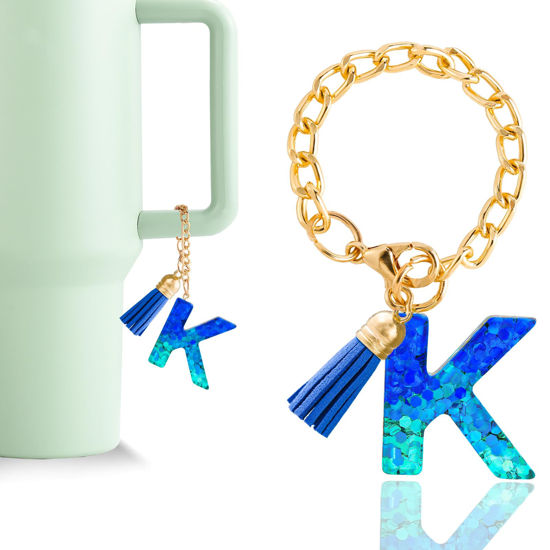 Picture of Letter Charm Accessories for Stanley Cup 1 PCS Cute Initial Keychain Handle Charm for Stanley Tumbler for Women Blue Letter K