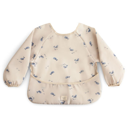 Picture of mushie Long Sleeve Baby Bib | Mess Free & Waterproof Fabric for Toddlers | Adjustable Fit for Ages 6-24 Months (Whales)