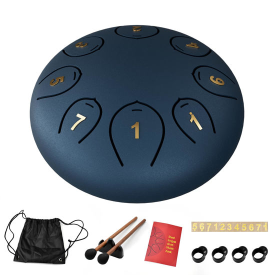 Picture of Steel Tongue Drum 6 Inch 8 Notes, Tongue Drum C major, Hang Drum Instrument, Handpan Drum for Kids, Ethereal Drum for Rain Meditation Yoga Musical Education, Navy Blue
